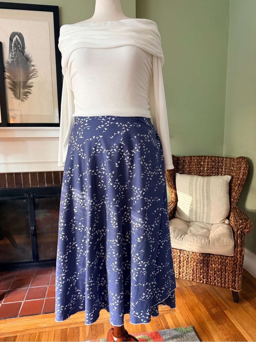 Dusty Blue Sparrow Print Wrap Maxi Skirt Blue Organic Cotton - Size 2X